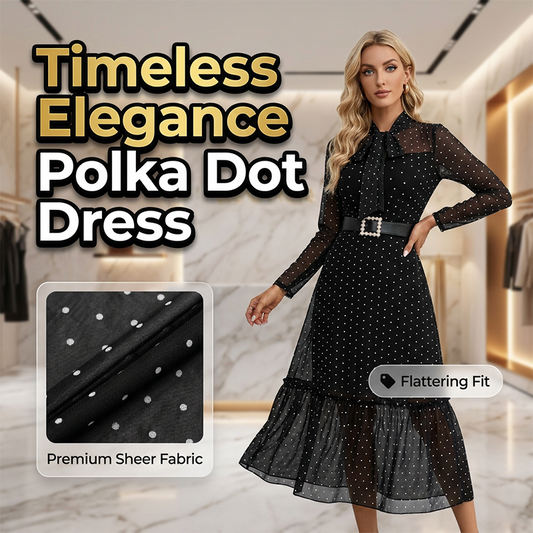 Elegante Polka Dot corbata cuello Midi vestido