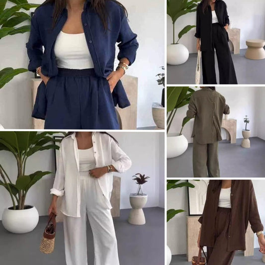 Mujeres moda color sólido suelto camisa casual pantalones de piernas anchas dos piezas