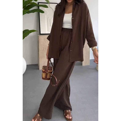 Mujeres moda color sólido suelto camisa casual pantalones de piernas anchas dos piezas