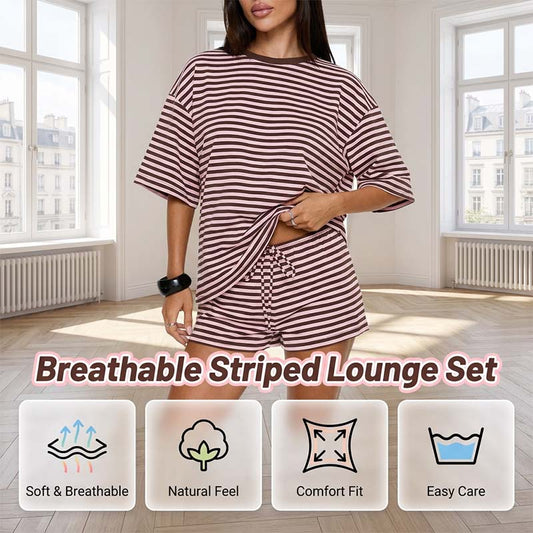 Conjunto de camiseta y pantalones cortos de rayas sobredimensionados para mujer