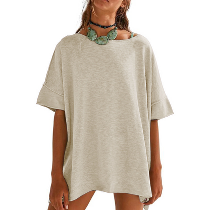 Top de cuello de barco de ajuste suelto de color sólido de las mujeres