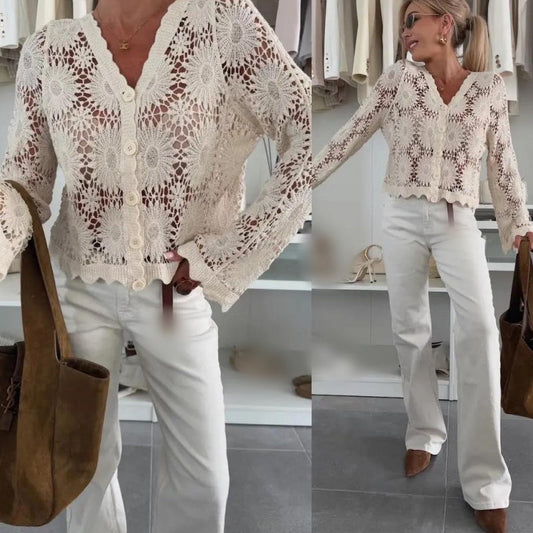 Cardigan de punto de ganchillo floral para mujer