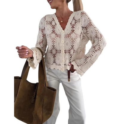 Cardigan de punto de ganchillo floral para mujer