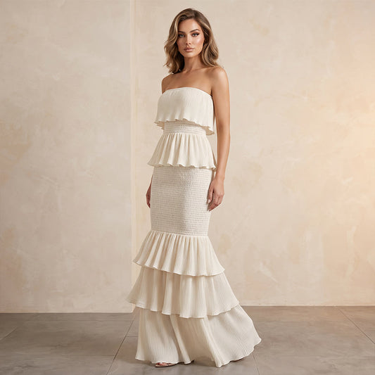 Mujeres sin tiras en capas Ruffle vestido ahumado