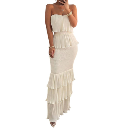Mujeres sin tiras en capas Ruffle vestido ahumado
