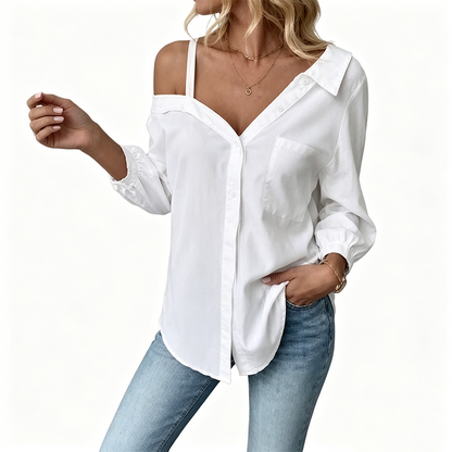 Camisa casual de hombro con botones para mujer