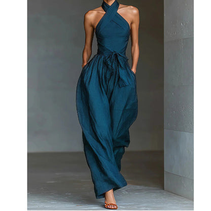 Traje elegante sin mangas Halter con corbata en la cintura