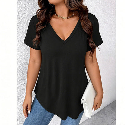 Camiseta casual de manga corta con cuello en V para mujer