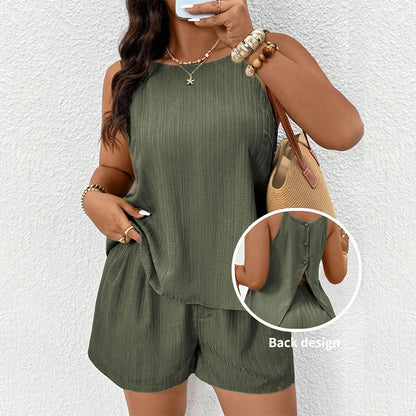 Mujeres casual dos piezas de conjunto sin mangas de la parte posterior de la hendidura y pantalones cortos