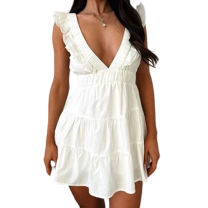 Mujeres verano V cuello sin mangas Ruffle Mini vestido color sólido vestido de chaleco en capas