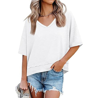 Camiseta de manga media con cuello en V para mujer