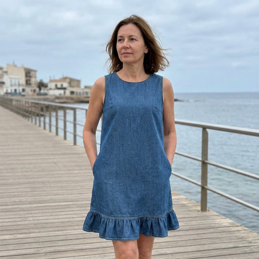 Mujeres sin mangas denim Ruffle Hem vestido