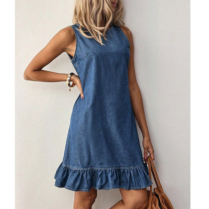 Mujeres sin mangas denim Ruffle Hem vestido