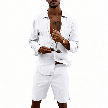 Conjunto de Camisa de Lino de Manga Larga y Shorts para Hombre