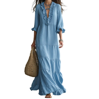 Vestido Maxi Escalonado con Cuello en V y Volantes para Mujer