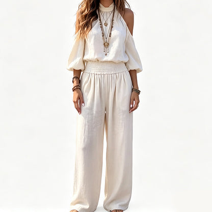 Conjunto de Top Halter con Hombros Descubiertos y Pantalón de Pierna Ancha para Mujer
