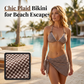 Conjunto de Bikini 3 Piezas para Mujer (Top Halter, Braguita y Falda Pareo) – Estampado de Cuadros