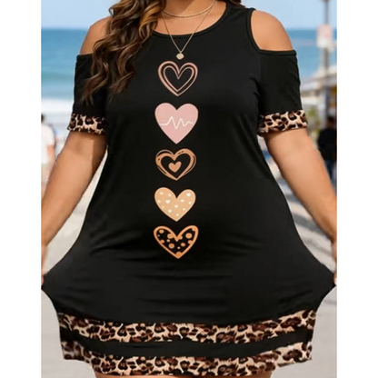 Vestido Camiseta de Hombros Descubiertos con Ribete de Leopardo para Mujer