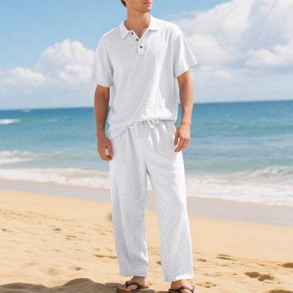 Conjunto de Camisa y Pantalón de Mezcla de Lino para Hombre, Corte Holgado, Ropa de Playa
